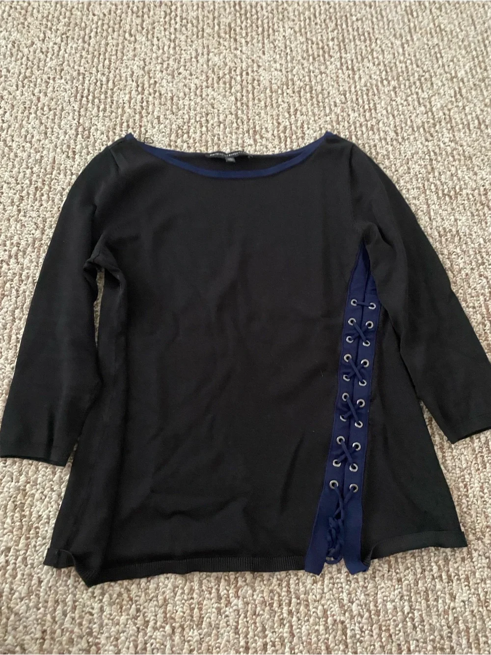 White House Black Market Black Top with Navy Lace-Up Side